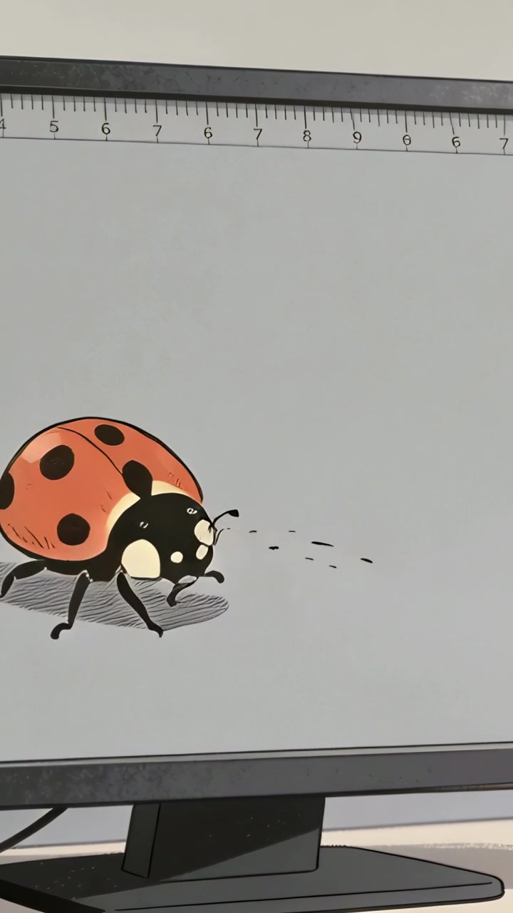 Vertical video: Playback starting, ladybug walking across monitor for testing, ruler, copy space
