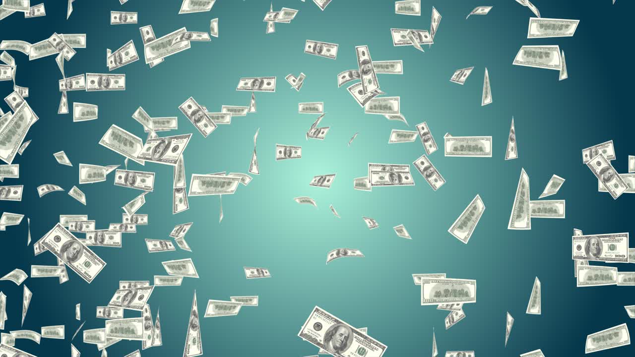 Money rain animated 100 dollar bills falling on green screen or chroma key flying money banknotes on