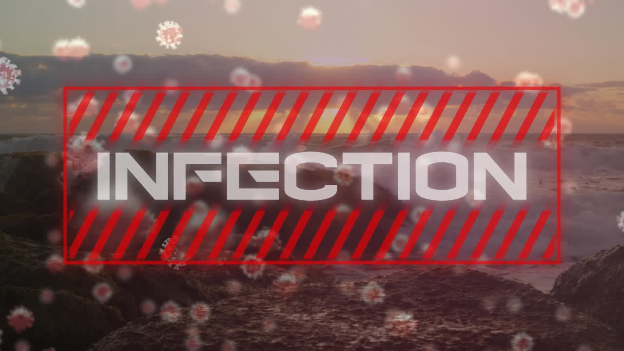 video compuesto digital de células de covid-19 que se mueven y texto de infección contra la playa en el fondo