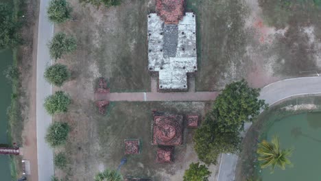 overhead shot of popular sukhothai historical park with green areas, central thailand