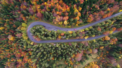 Winding-mountain-road-trough-the-forest-in-the-autumn-with-cars-passing-on-the-road