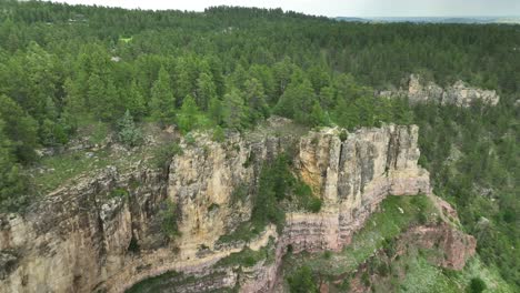 drone shot orbiting around a cliff edge in a forested area