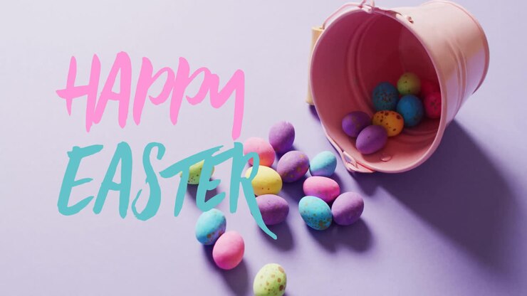 Animation of happy easter text over colourful easter eggs on purple background