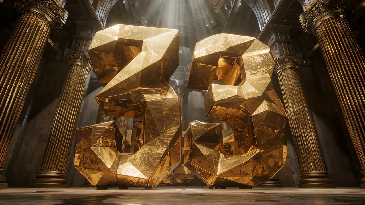 Catching large faceted golden 33 reflecting shifting skylight in grand hall, revealing dust