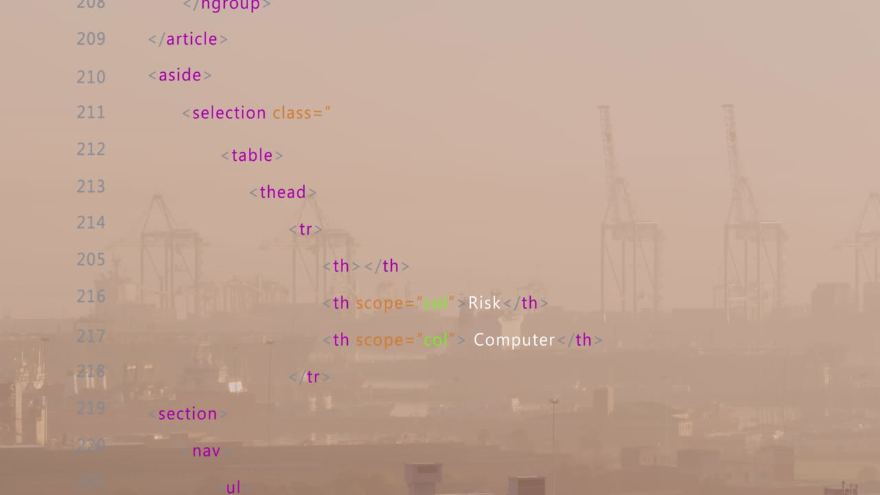 하늘을 배경으로 안개로  ⁇ 인 현대 도시 위에 다채로운 컴퓨터 언어의 애니메이션