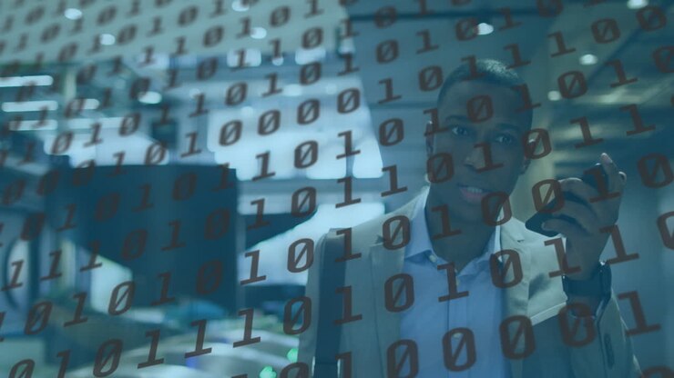 In office, thoughtful man with binary code overlay, creating digital animation