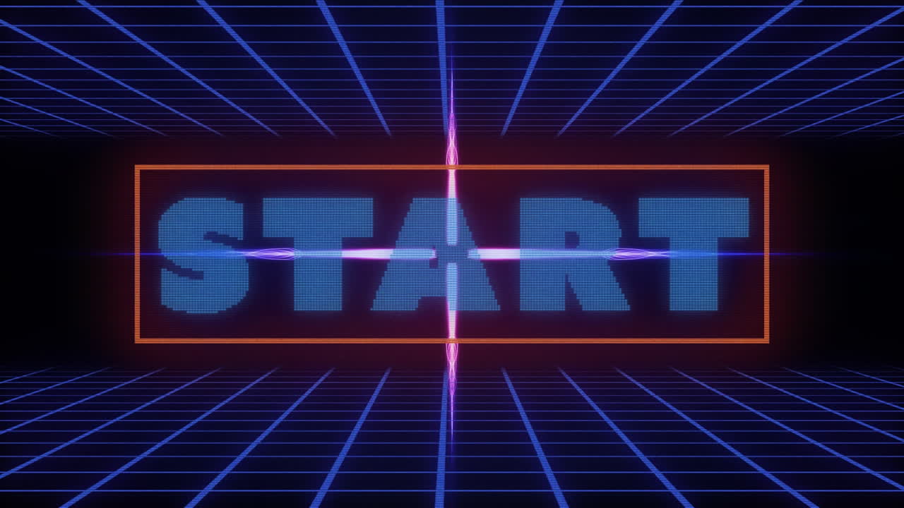 animación del texto de inicio sobre la cuadrícula azul y la forma púrpura brillante