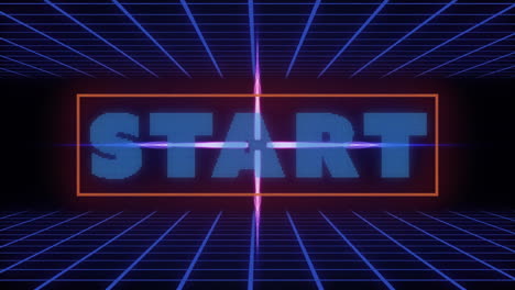 animation of start text over blue grid and glowing purple shape