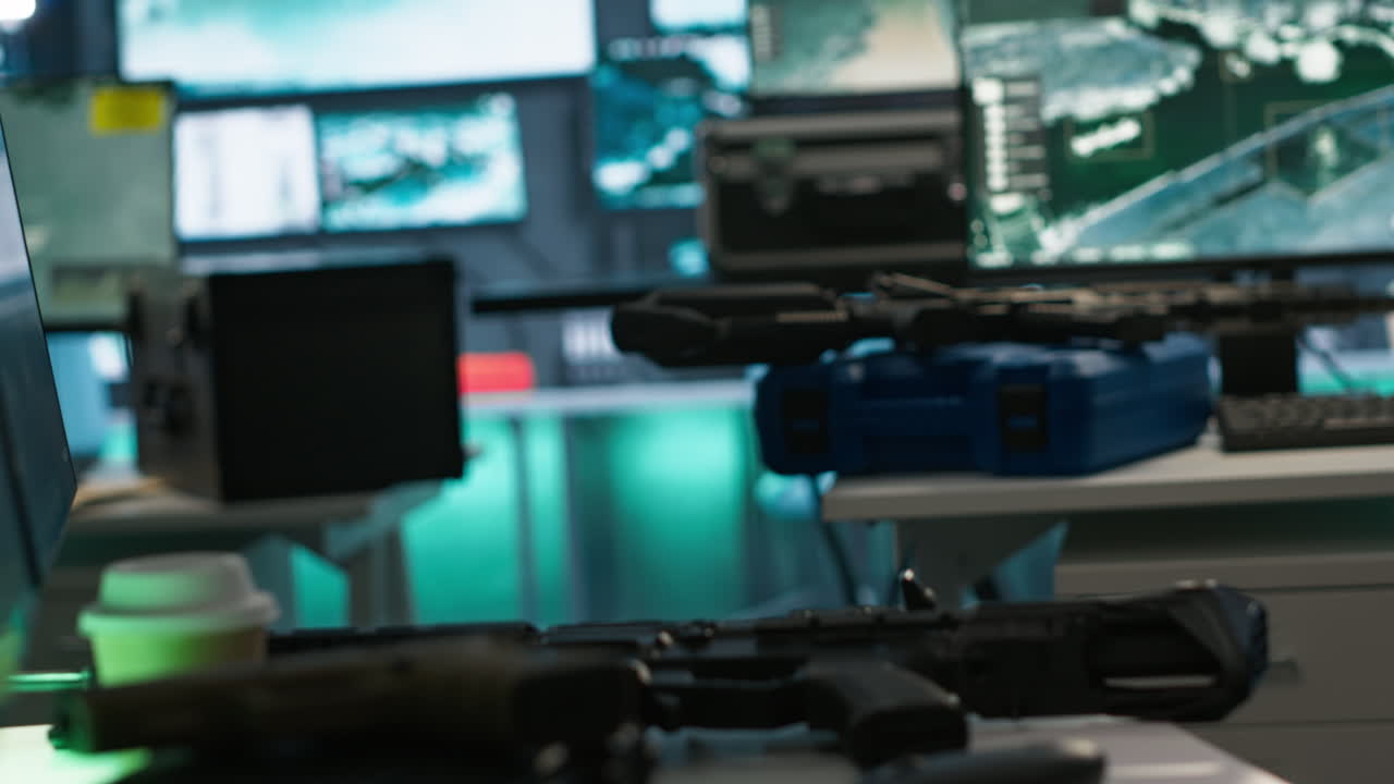 군 정부 시설의 안전한 방에 있는 테이블에 있는 무기