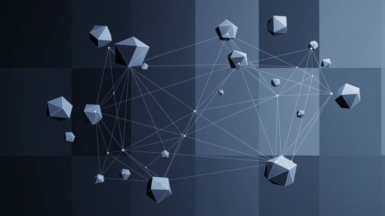 Starting playback, faceted nodes shifting and rotating, settling into denser form on checkered grid