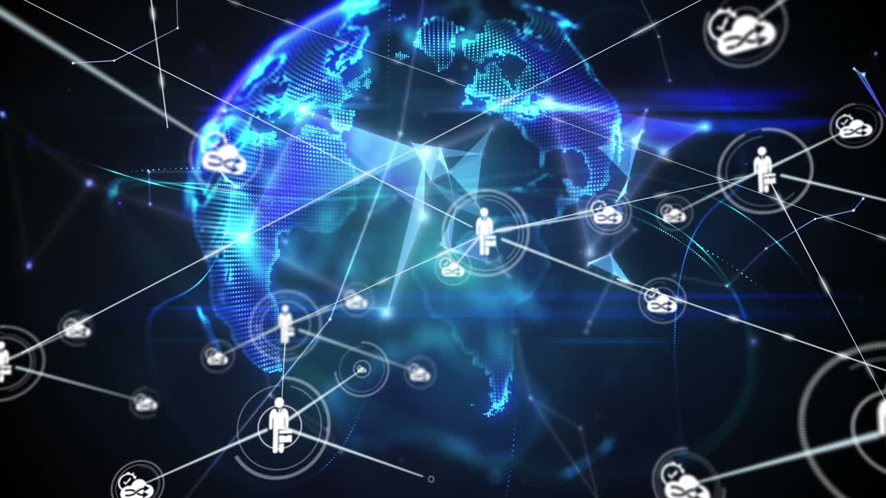 анимация сетей соединений с иконами по всему миру на черном фоне