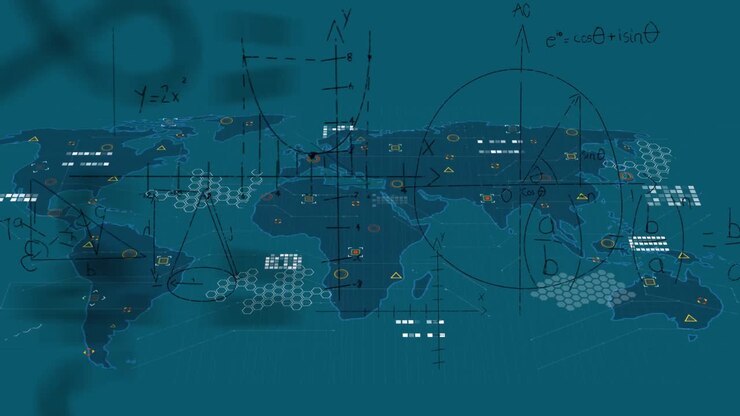 Animation of mathematical data processing over world map on green background
