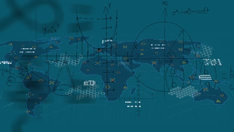 animación del procesamiento de datos matemáticos sobre el mapa del mundo en fondo verde.