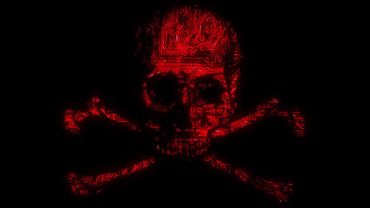 alarmante símbolo animado de piratería cibernética con calavera y huesos cruzados con textura de placa de circuito animada en un esquema de color rojo sobre un fondo negro