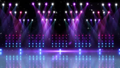 animación de nieve cayendo sobre focos púrpuras y rosas y bancos de luces sobre el escenario vacío