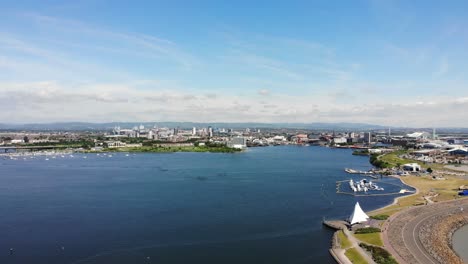 aerial view across cardiff bay. pan right