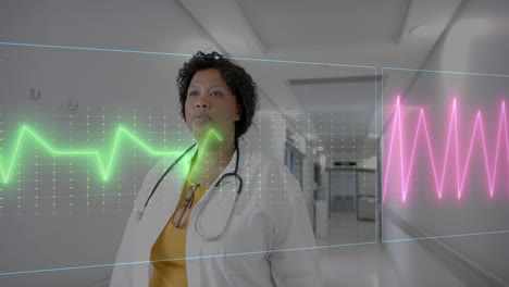 animation of heart rate monitor over african american female doctor walking in corridor at hospital