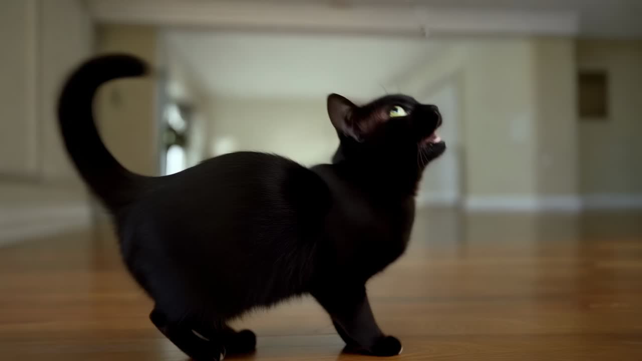 Moving black shorthaired cat pausing after noticing hovering insect above hardwood floor, hunting