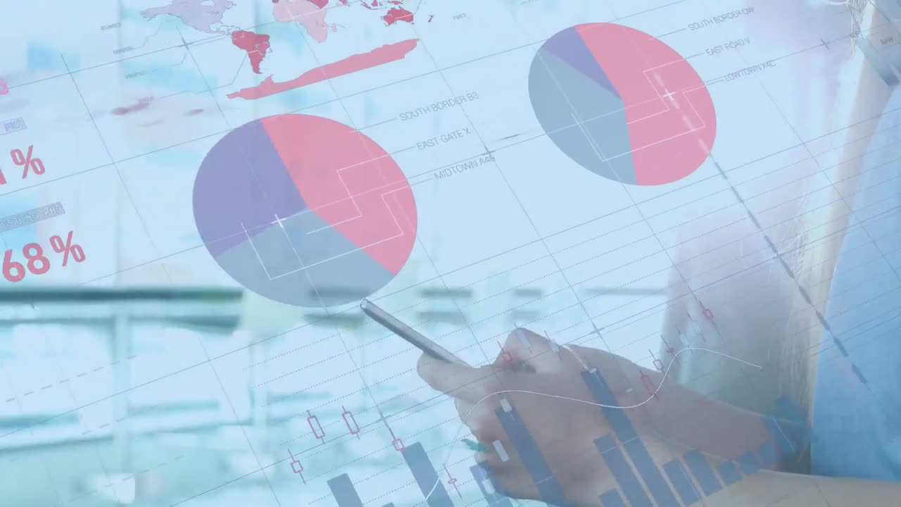 Animation of statistical data processing against caucasian man using a smartphone at office