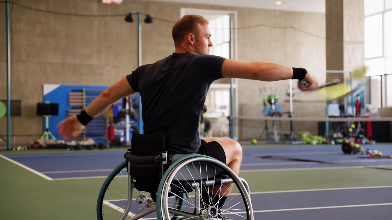 Un uomo in sedia a rotelle gioca a tennis su un campo al coperto con un'espressione concentrata e una superficie liscia. La scena è ripresa di lato, enfatizzando l'adattabilità dello sport.