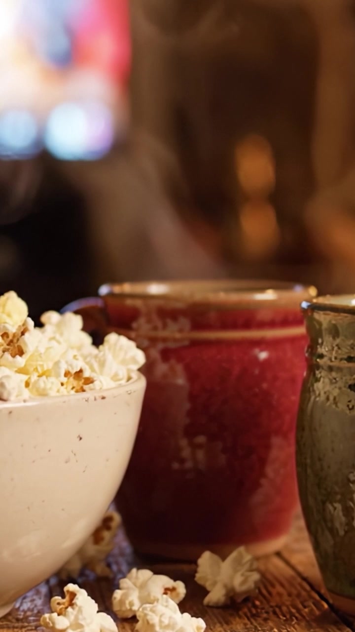Une scène de soirée douillette avec des tasses fumantes et du pop-corn frais sur un fond chaleureux, parfaite pour la détente et le plaisir.