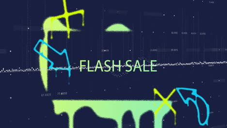 animation of colorful abstract shapes with flash sale text over digital data background