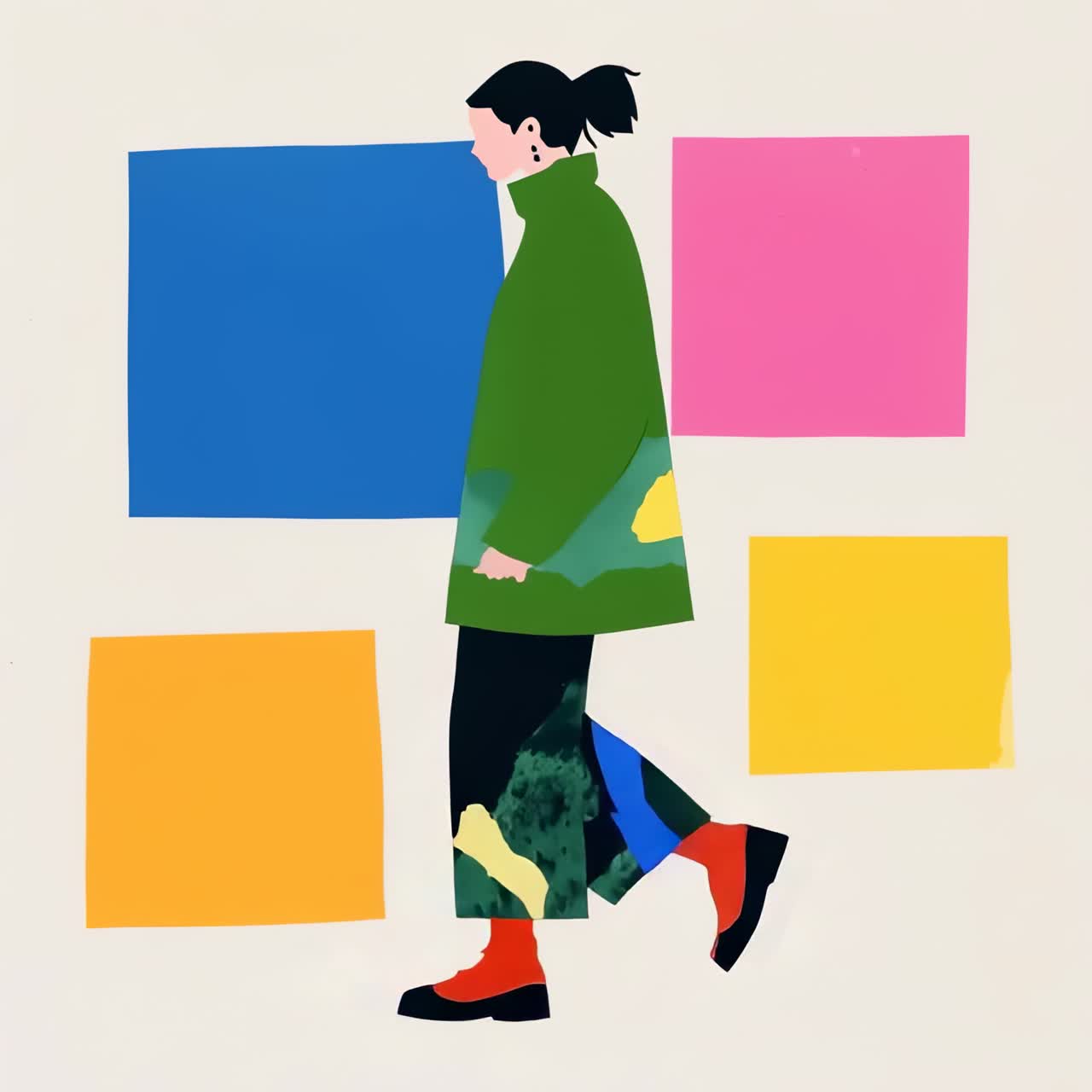 Illustration abstraite et colorée d’une personne qui marche, vue de côté