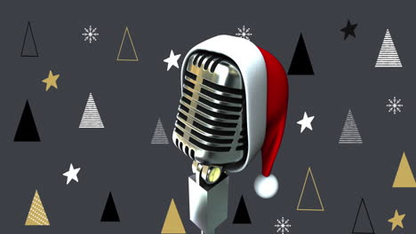 animación del micrófono con el sombrero de santa sobre los árboles de navidad.