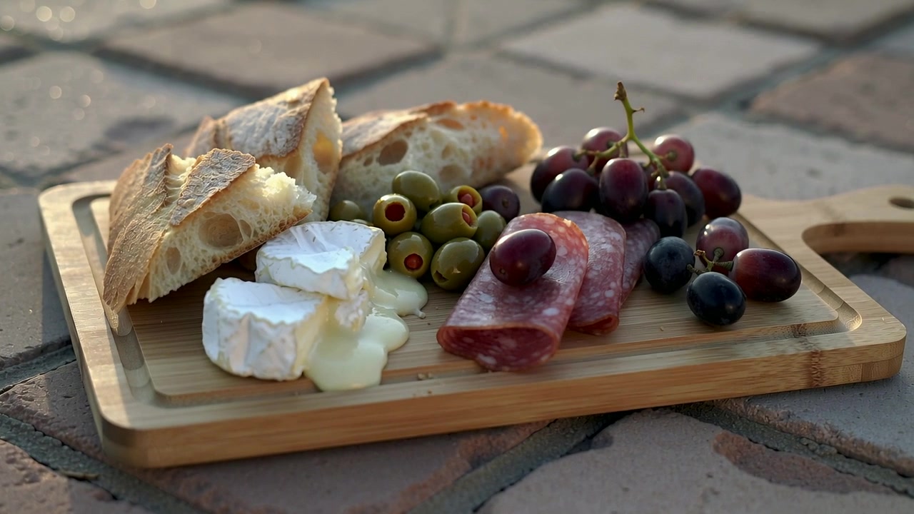 Camera panning over wooden board showing melting soft white cheese, olives, salami on stone pavers