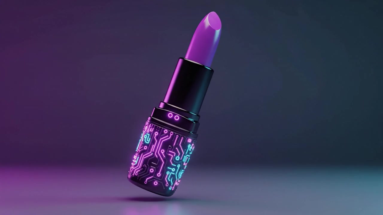 A Futuristic Lipstick Design Featuring a Vibrant Purple Hue and Intricate Circuit Patterns, Merging Beauty and Technology in a Captivating Visual Presentation