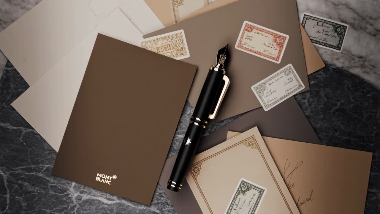 Montblanc Fountain Pen and Notebook with Vintage Papers on a Marble Surface