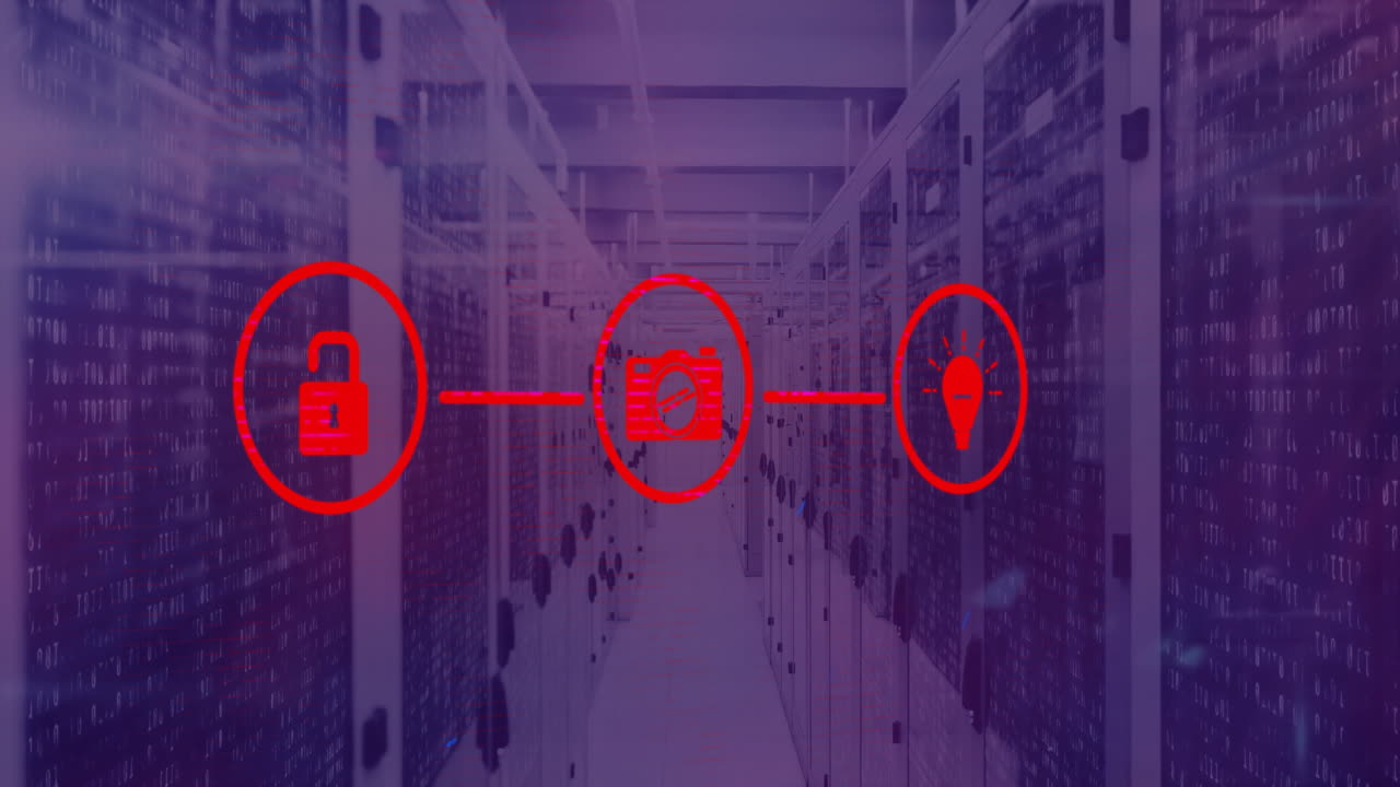 animación de iconos de ciberseguridad en los servidores del centro de datos