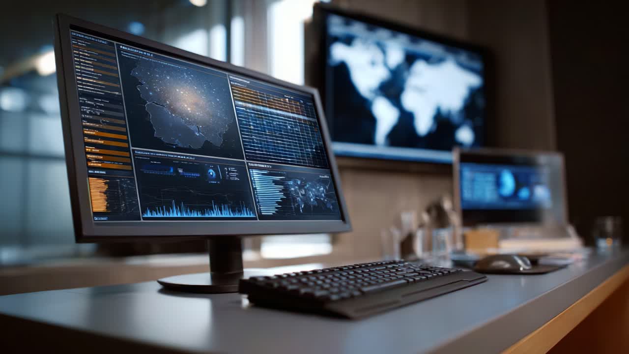 High-Tech Workspace Featuring Advanced Data Analytics and Astrophysics Visualizations on Multiple Monitors in a Modern, Sleek Office Environment