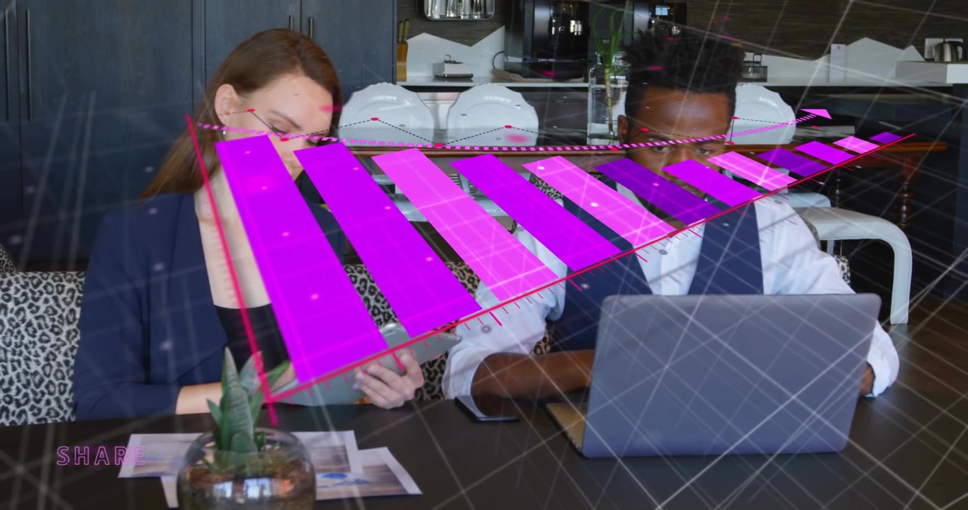 Team tapping tablet typing laptop, AR expanding from magenta tile into ribbon showing business data