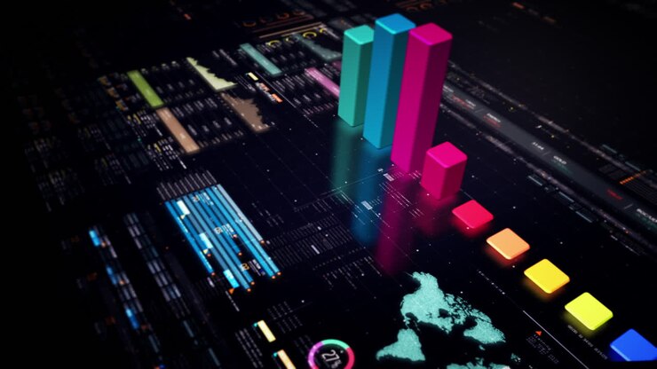 En forretningsmann analyserer aksjemarkedet, kryptohandel, infografikk med animerte grafer, diagrammer og datainnsikt på en gjennomsiktig skjerm