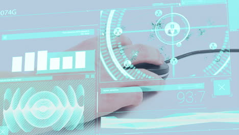 animation of diverse data over hands of caucasian man using mouse