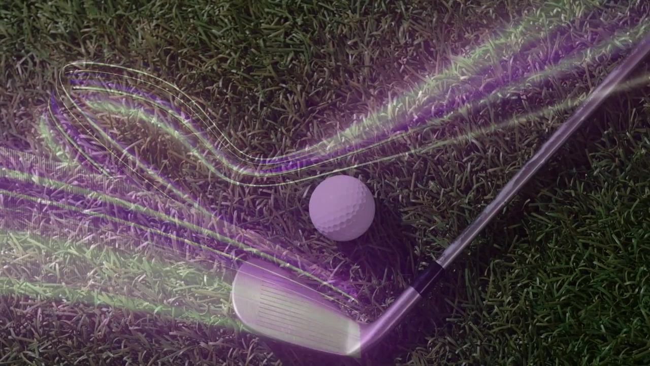 Geanimeerde lichtgevende sporen verschijnen, golfclubhoofd roteert en volgt pad over bal voor training