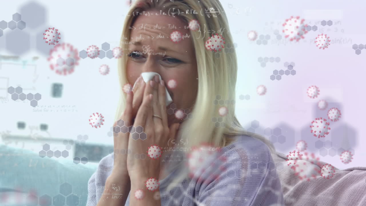animación de células macro covid-19 flotando sobre una mujer caucásica estornudando