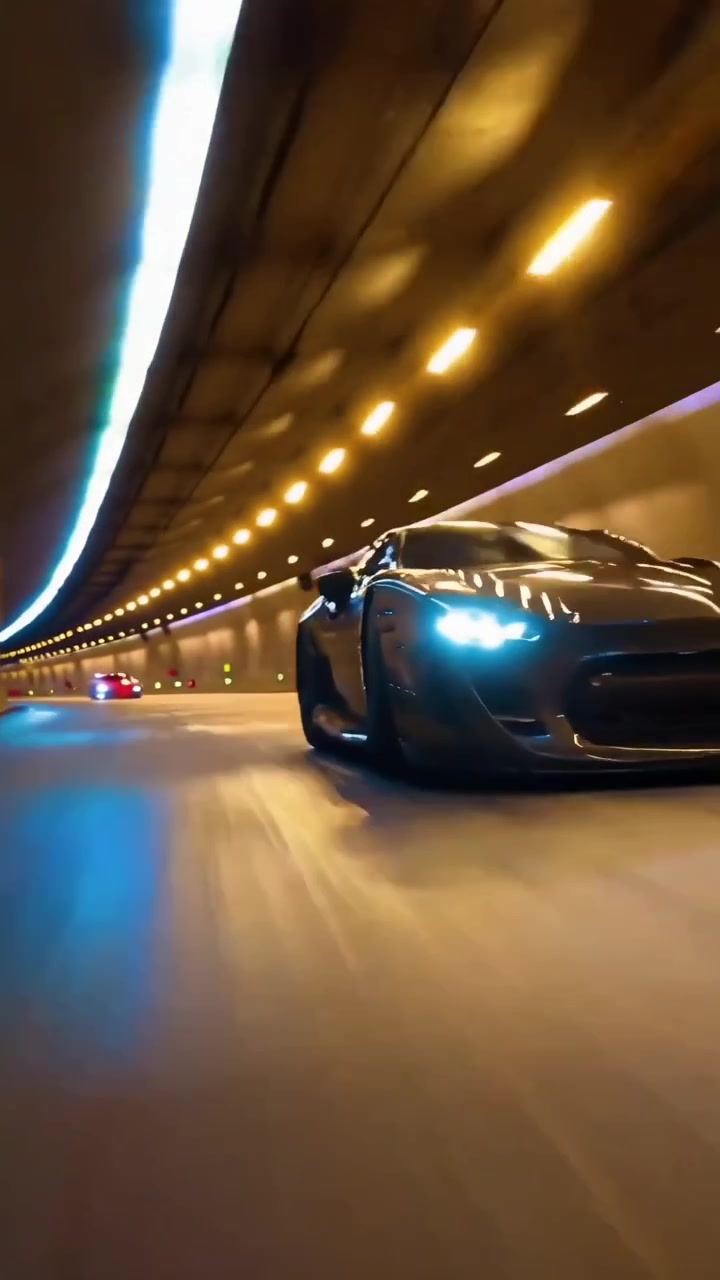 Auto sportive di lusso in corsa attraverso un moderno tunnel illuminato