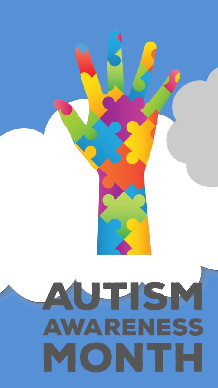 Animazione del mese della consapevolezza sull'autismo su una mano formata da puzzle su nuvole nel cielo blu