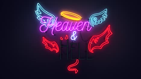 realistic 3d render of a vivid and vibrant flashing animated neon sign, with the words heaven - hell flashing alternately, with a plain background