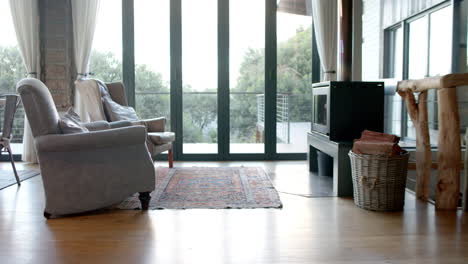 General-view-of-living-room-with-armchairs,-fireplace-and-window,-slow-motion