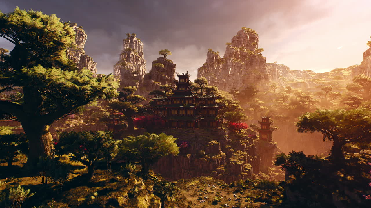 Majestic asian temple nestled in mountain landscape during sunset