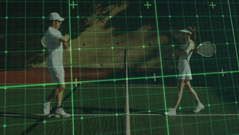 man tossing ball and woman holding racket on tennis court, with grid overlay for sports technology
