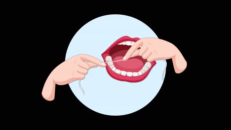 vector animation demonstrates proper dental flossing between teeth using hands and floss, with smooth repetitive movement, isolated on a black background with circular highlight