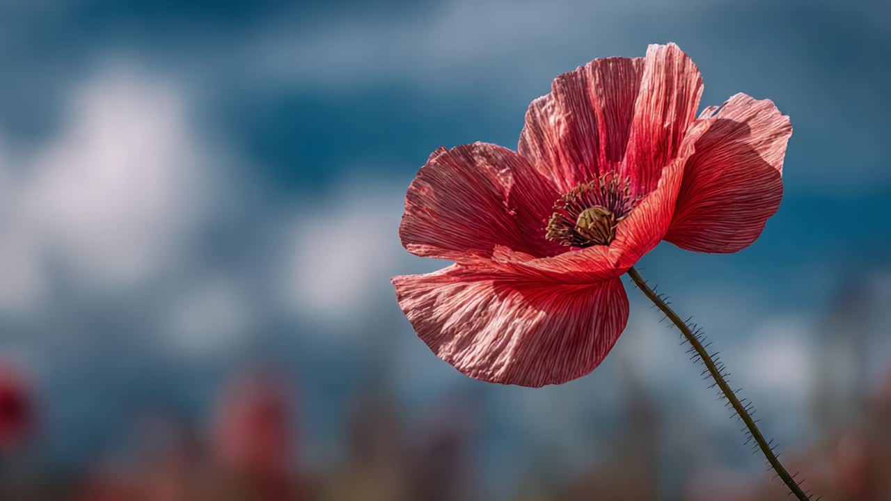 Stunning Close-Up of a Vibrant Red Poppy Blowing Gently in the Breeze Against a Softly Blurred Background of Blue Sky and Fluffy Clouds