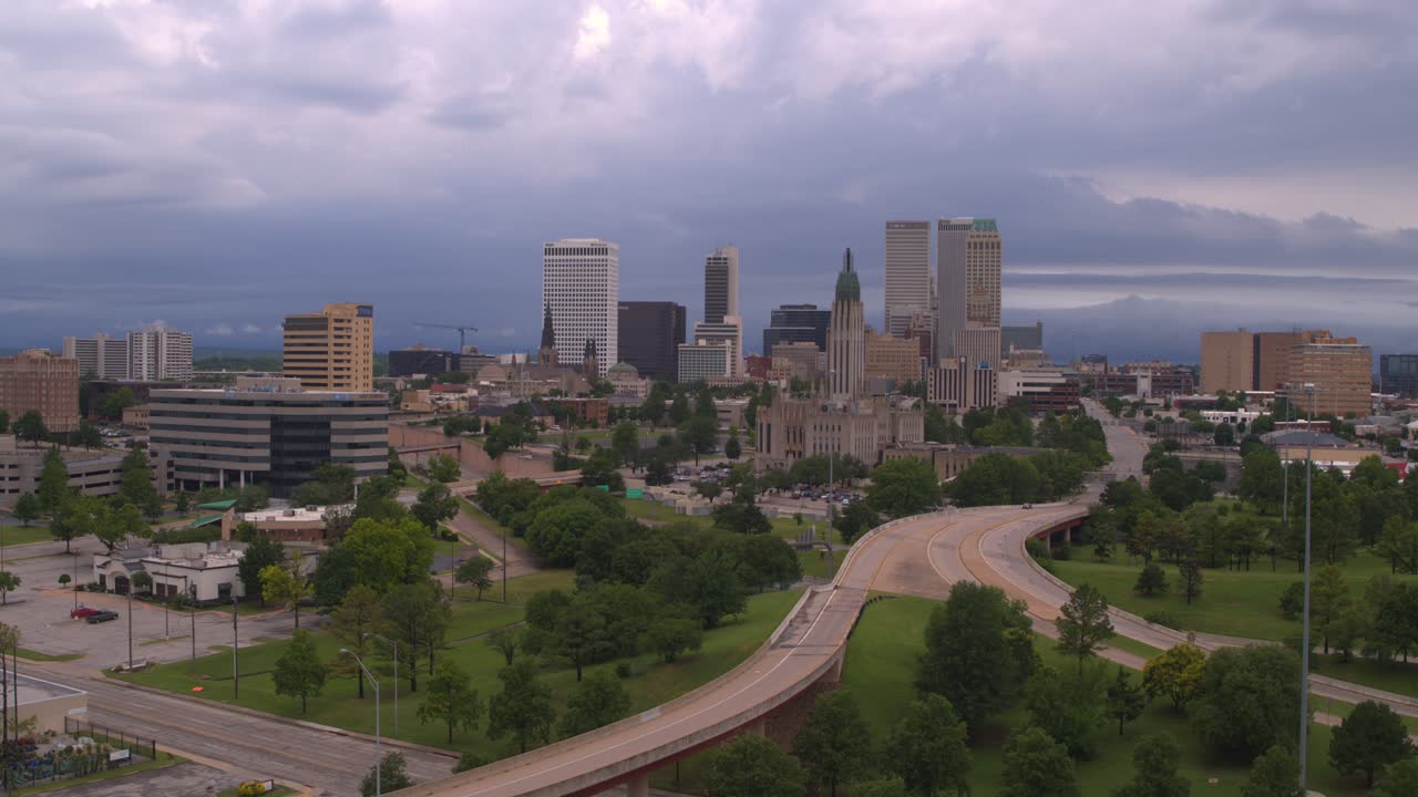 Establishing shot of downtown Tulsa, Oklahoma with overcast cloudy sky