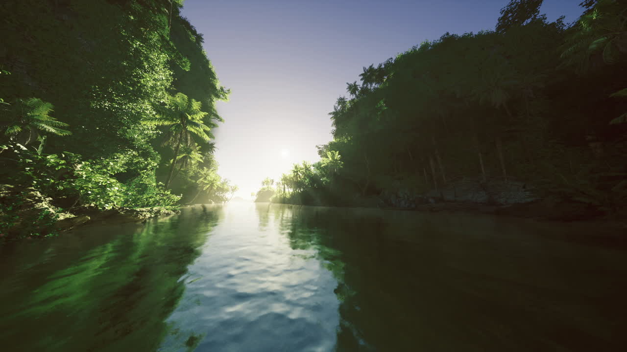 Peaceful waterway at sunset shows foliage silhouette with mood