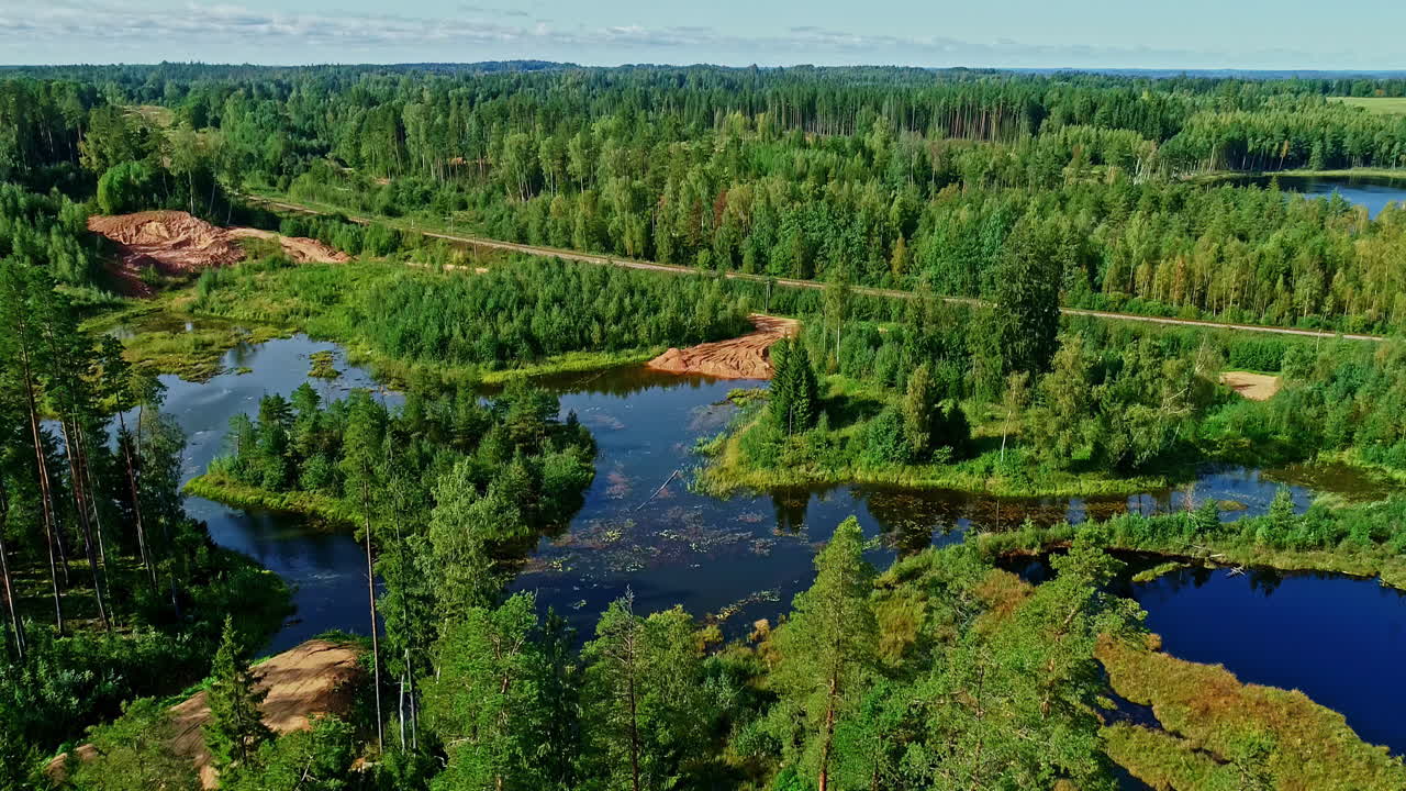Aerial View of a Forest with Lakes and a Railway