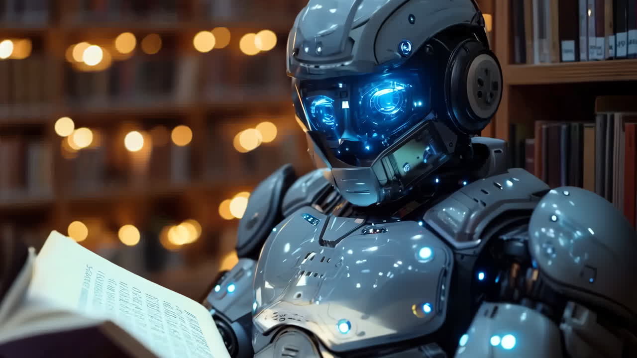 Robot Reading Book in Library With Soft Lighting at Night. A robot with glowing blue eyes reads a book inside a cozy library surrounded by warm lights.